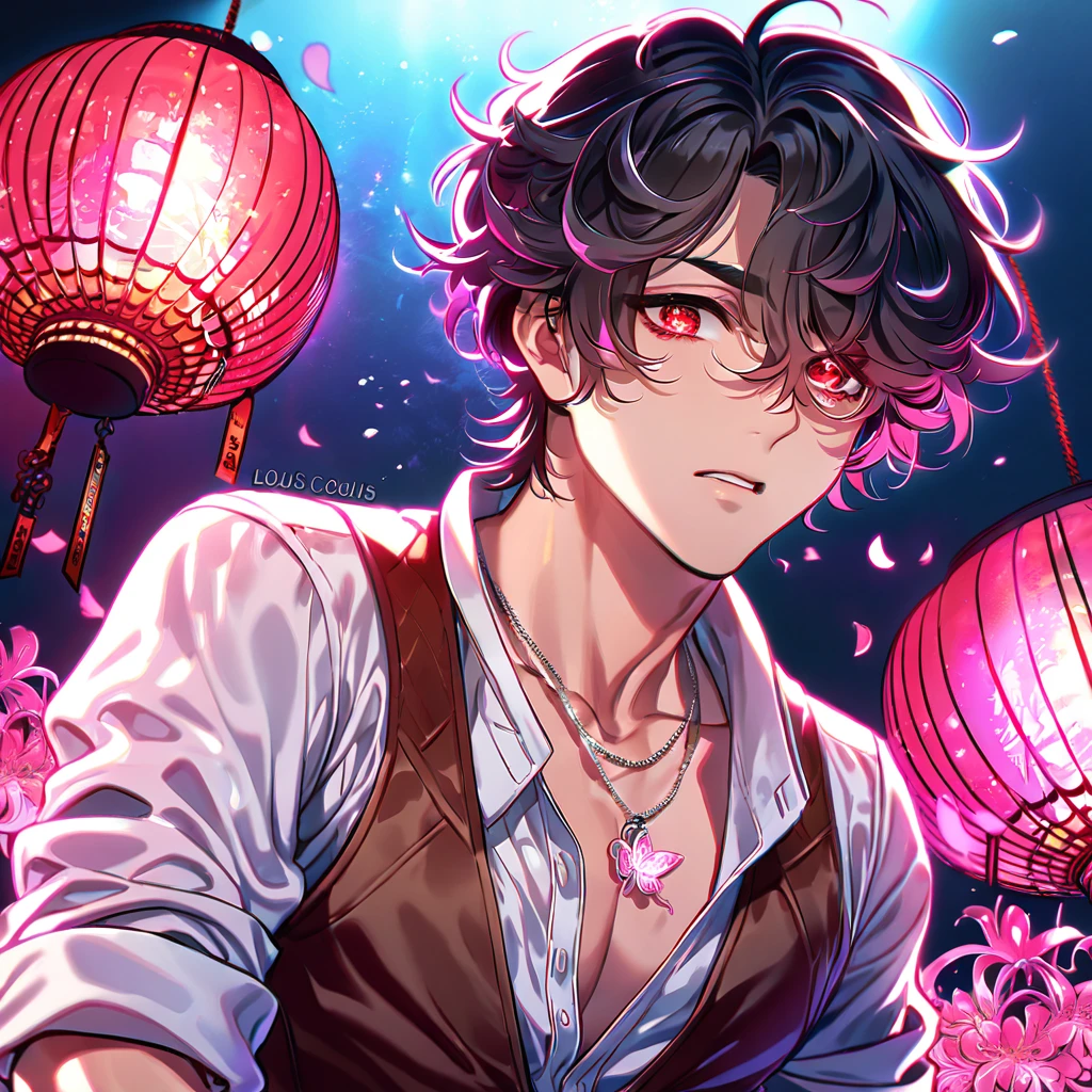 absurd resolution, high resolution, ultra detailed, detailed eyes, delicated features, extremely detailed, HDR, 8K, Louis, black hair, untamed hair, hair over the right eye, short hair, expressive red eyes, Code Vein, solo, sexy man, handsome, dark brown vest, white shirt, unbuttoned shirt, black gloves, ring necklace, rolled up sleeves, fantasy, cool, magical, pink glittering butterflies, pink dust flying around, pink spider lilies, pink petals, pink lanterns, Japanese ambiance, pink blossoms