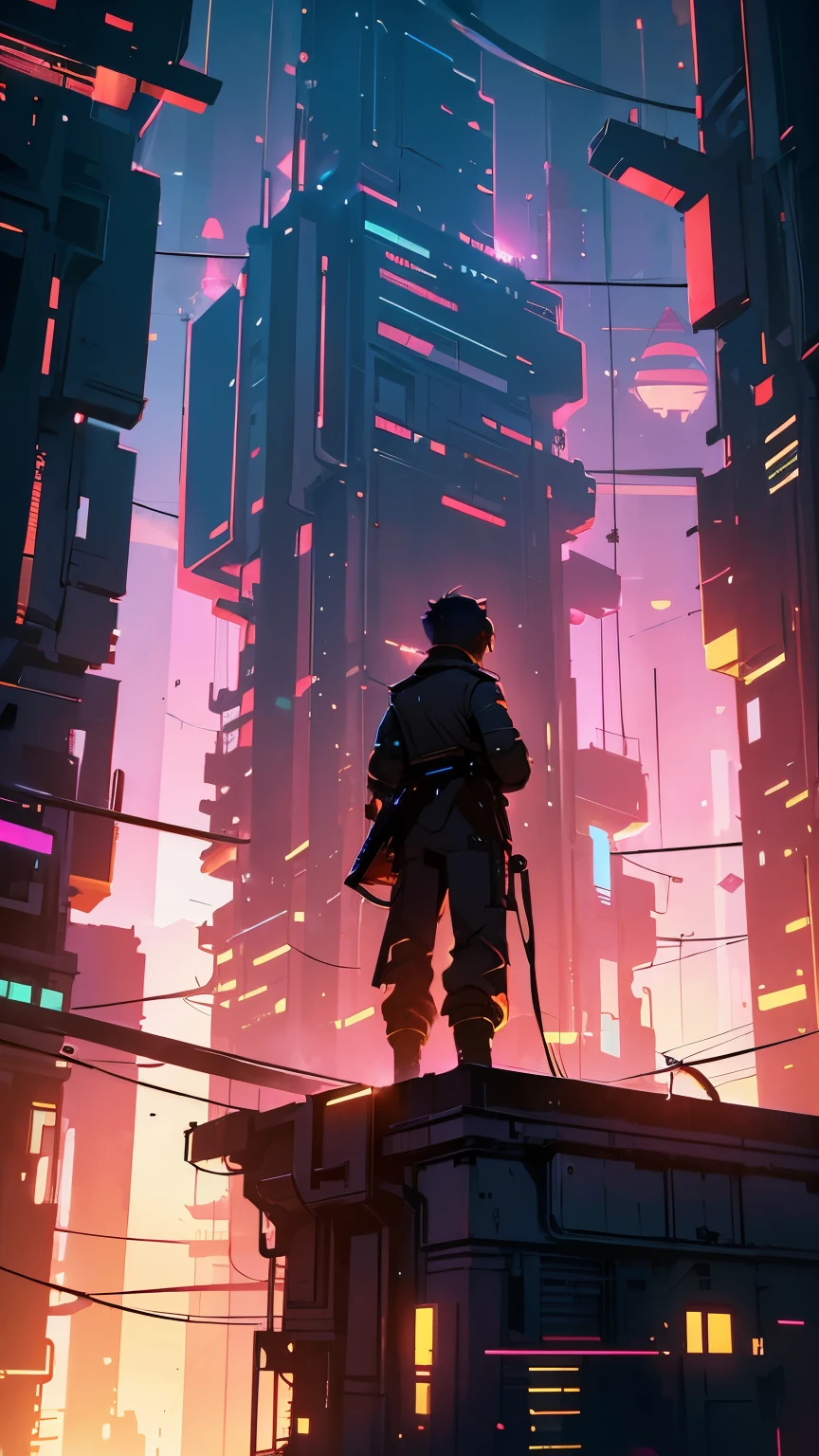 a man standing on a rooftop looking at a city at night, artgem and beeple masterpiece, by sylvain sarrailh, greg beeple, paul lehr and beeple, inspired by Beeple, beeple daily art, by Mike "Beeple" Winkelmann, inspired by sylvain sarrailh