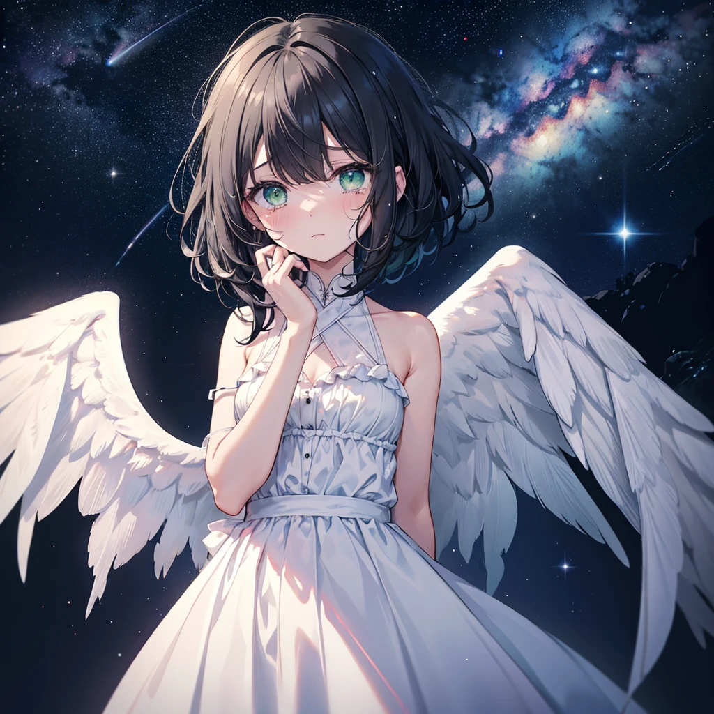 sad girl, black hair, green eyes, tears, astonishment, Angel wings, White dress, standing straight close up, in outer space, Milky Way in the background, Stars in the Distance,