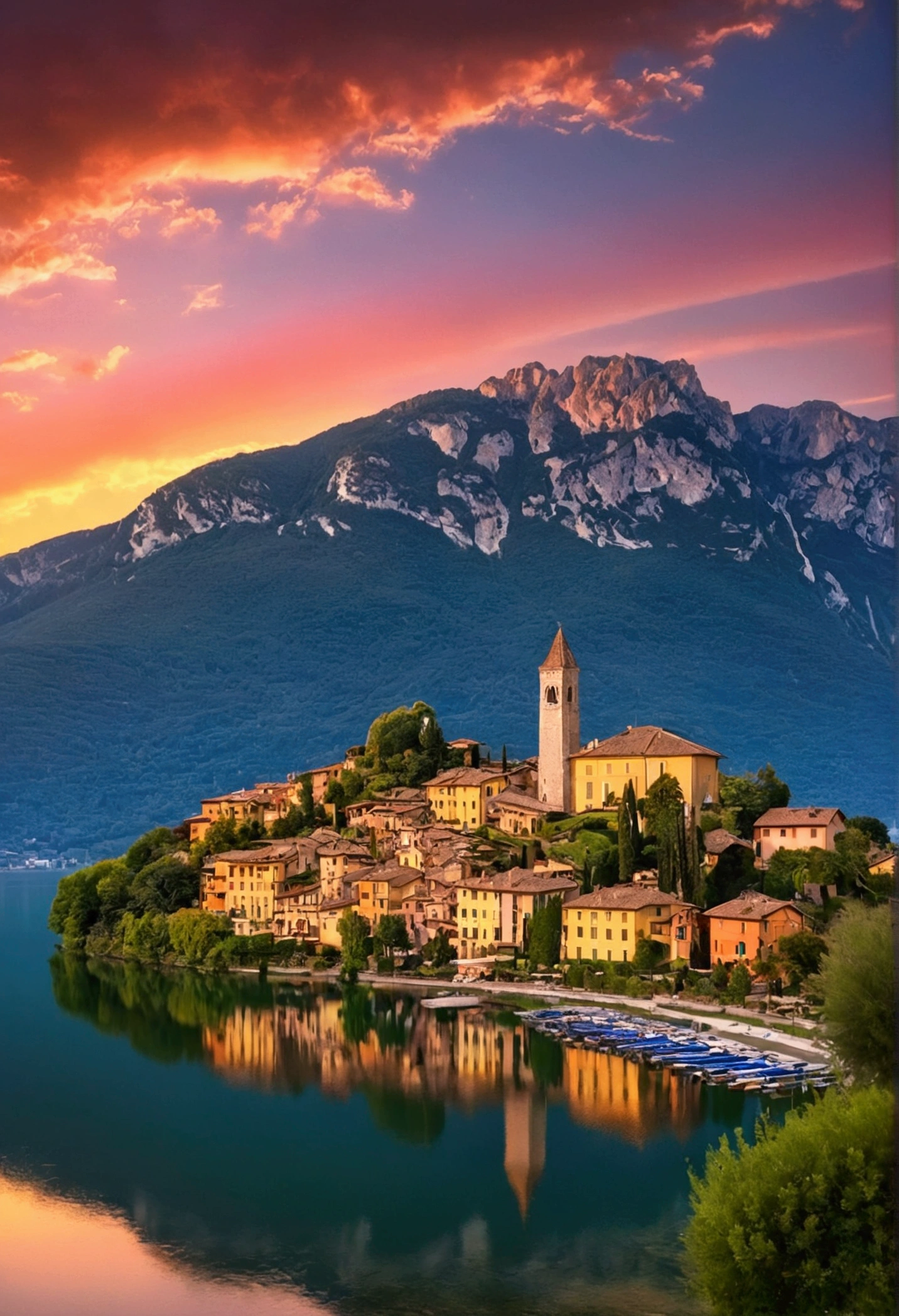 Un village italien extrêmement beau et charmant au bord du lac Cuomo, Italie, coucher de soleil, Lumières allumées, Éclairage dramatique, aura magnifique, Des vues spectaculaires, un ciel magnifique.
