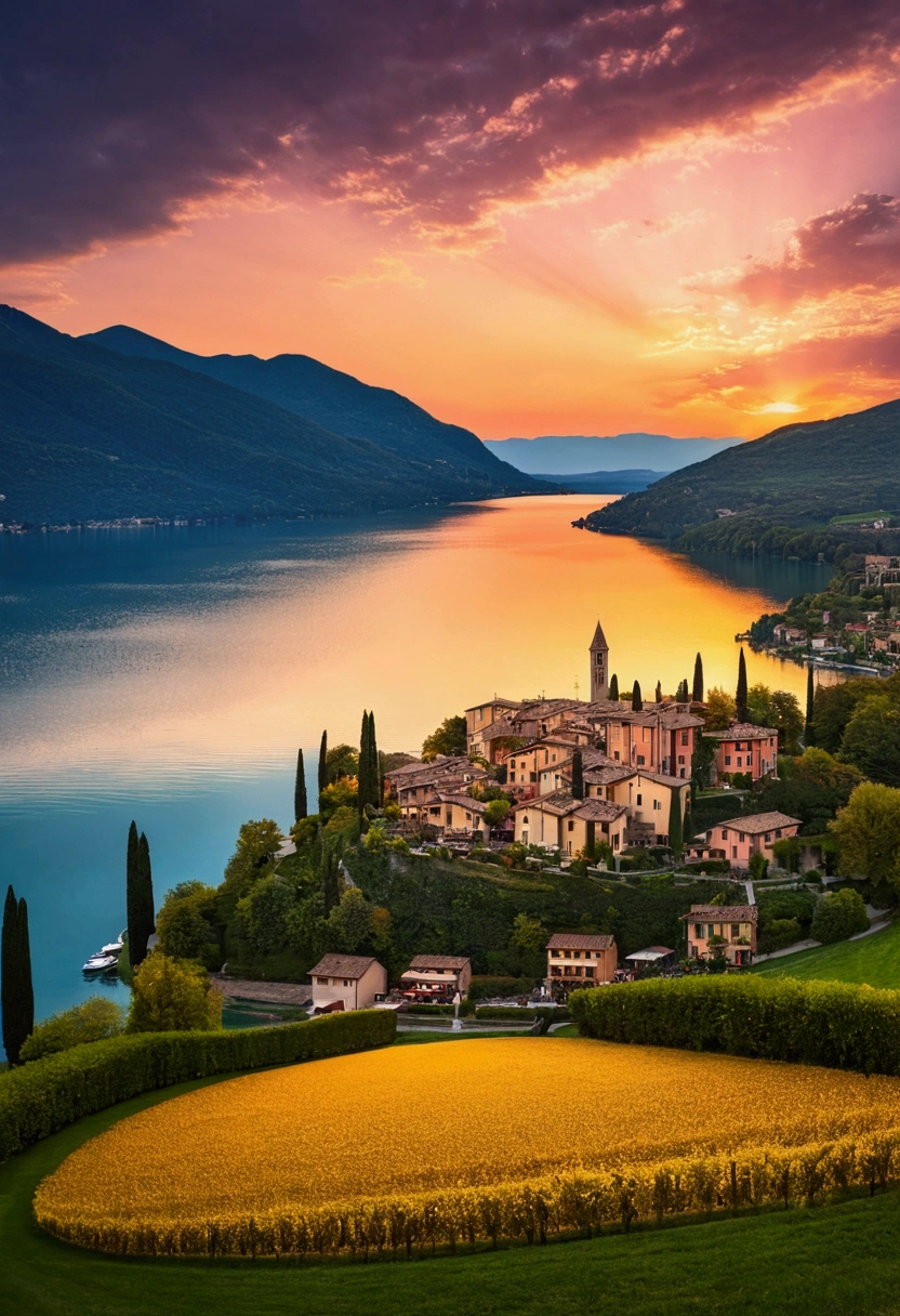 Un village italien extrêmement beau et charmant au bord du lac Cuomo, Italie, coucher de soleil, Lumières allumées, Éclairage dramatique, aura magnifique, Des vues spectaculaires, un ciel magnifique.