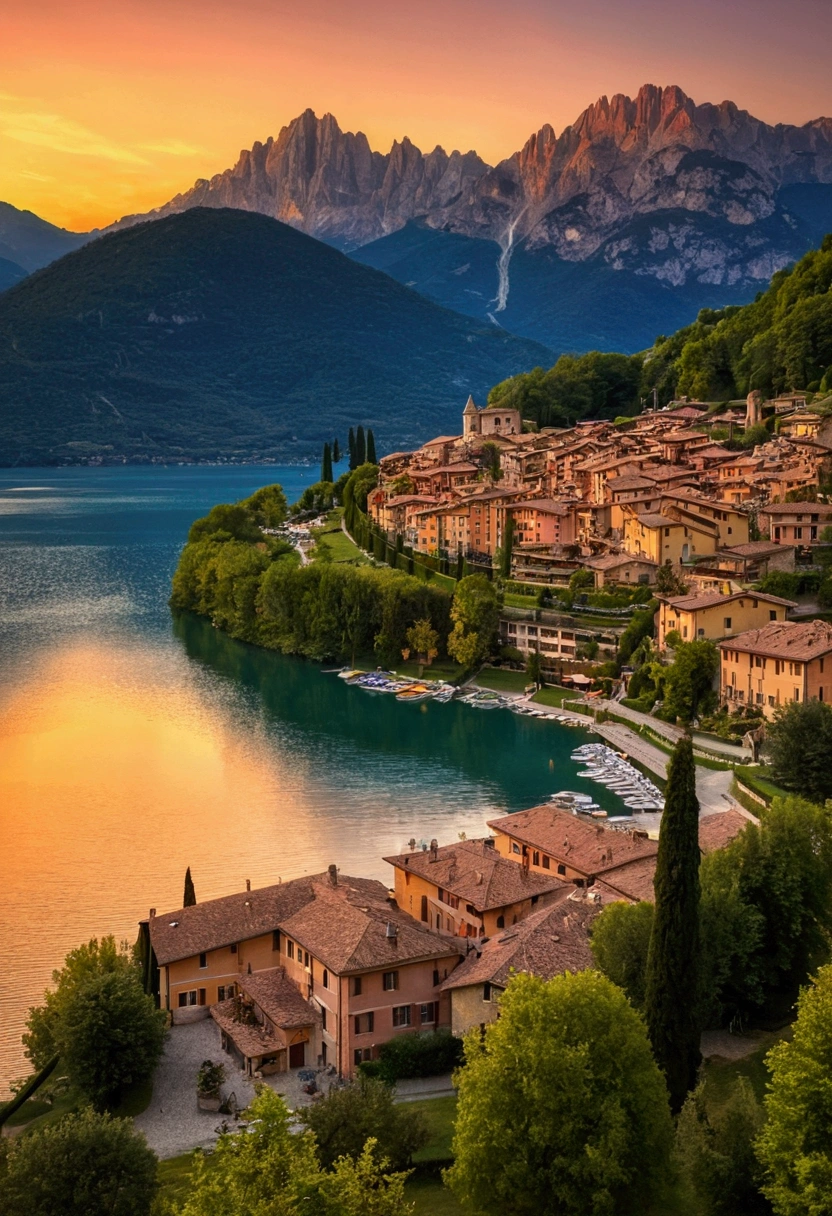 Un village italien extrêmement beau et charmant au bord du lac Cuomo, Italie, coucher de soleil, Lumières allumées, Éclairage dramatique, aura magnifique, Des vues spectaculaires, un ciel magnifique.