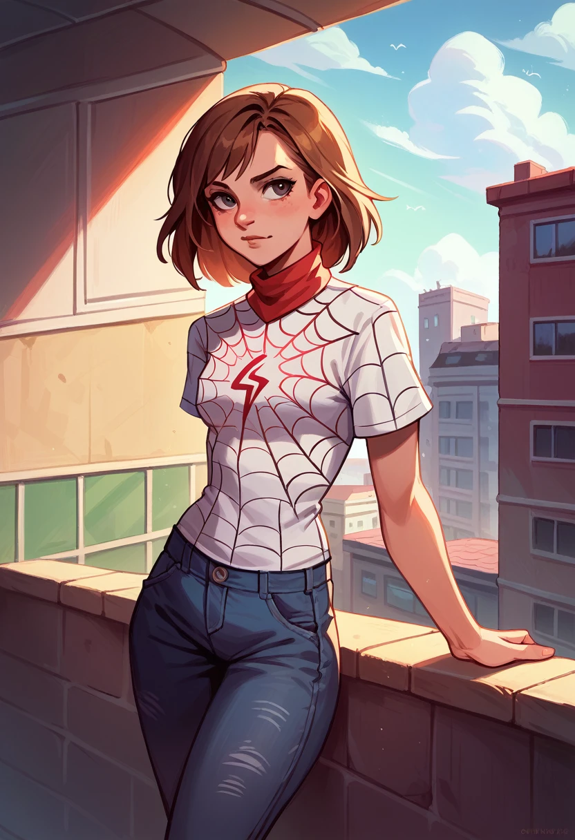 (work of art, best qualityer:1.2), standing alone, 1 girl, lua cindy, unexpressive, cloused mouth, looking ahead at viewer, shorth hair, May, spider web print, rooftop