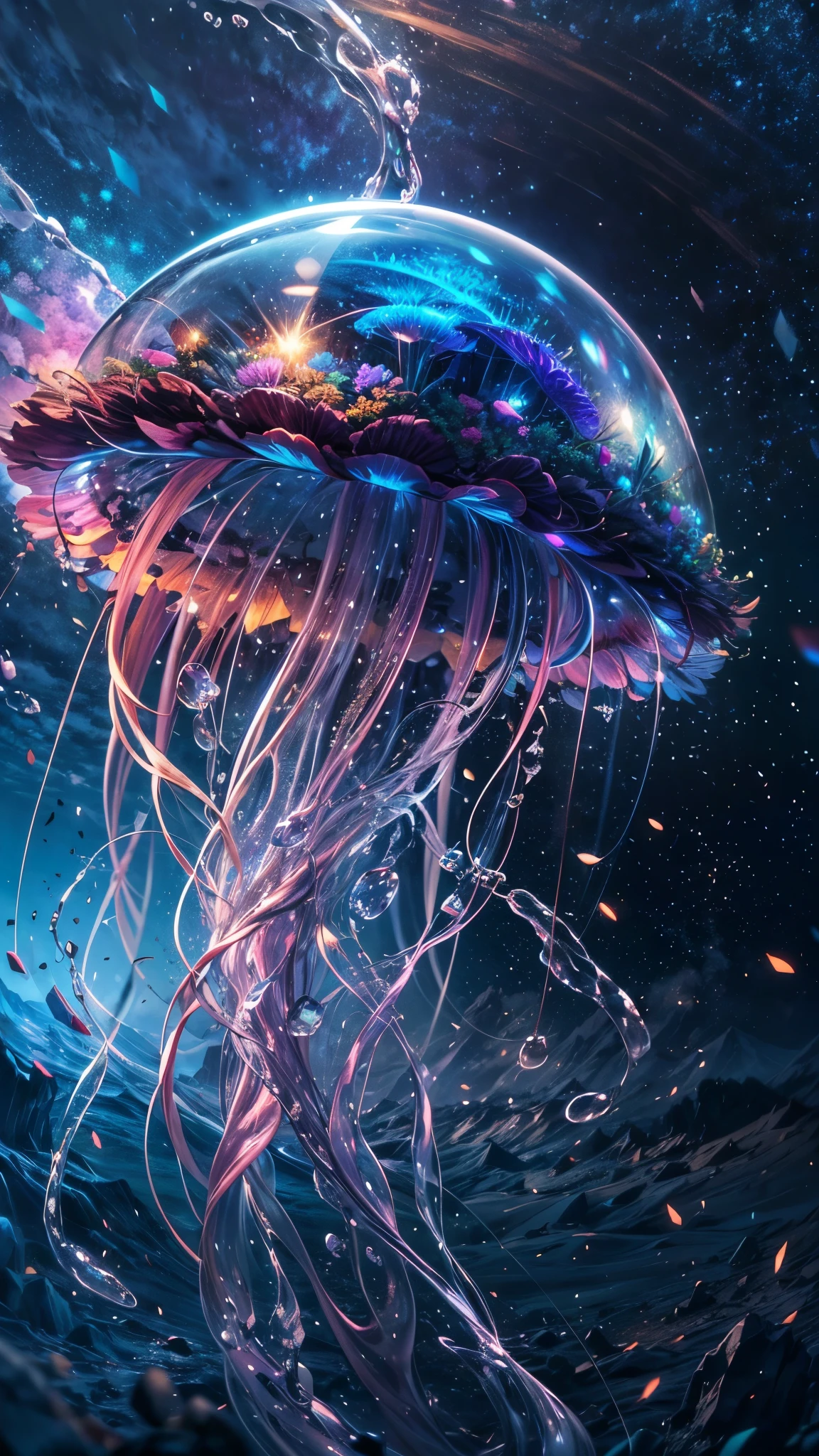 A gigantic multi-colored crystal jellyfish, fantastic jellyfish floating in a starry night sky, beautiful fantasy landscape backdrop, bottom view angle, dynamic pose, (best quality,4k,8k,highres,masterpiece:1.2),ultra-detailed,(realistic,photorealistic,photo-realistic:1.37),HDR,UHD,studio lighting,ultra-fine painting,sharp focus,physically-based rendering,extreme detail description,professional,vivid colors,bokeh,fantasy,surreal,cinematic,dramatic lighting