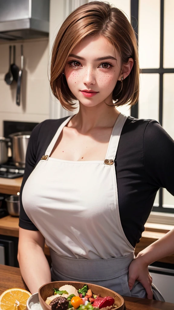 A close-up portrait of a young woman, classic bob hairstyle, an apron, an amazing physique, prominent feminine features, large bust, kitchen setting, [ashy blonde | ginger | pink hair], freckles, flirtatious gaze towards the camera