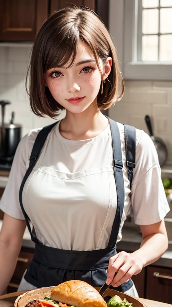 A close-up portrait of a young woman, classic bob hairstyle, an apron, an amazing physique, prominent feminine features, large bust, kitchen setting, [ashy blonde | ginger | pink hair], freckles, flirtatious gaze towards the camera