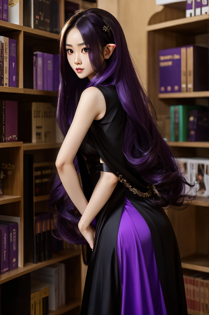 Long Purple hair, Vietnamese, beautiful 23 year old woman, very attractive, brown eyes, elf ears, very cute, thin athletic body, in library, photoshoot, wearing long fancy black dress