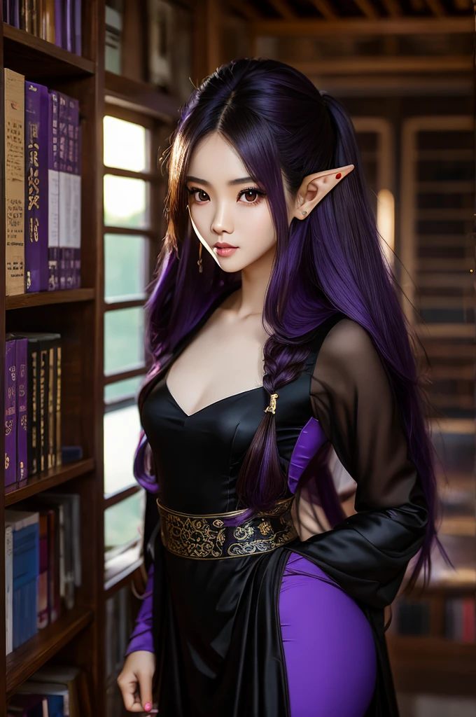 Long Purple hair, Vietnamese, beautiful 23 year old woman, very attractive, brown eyes, elf ears, very cute, thin athletic body, in library, photoshoot, wearing long fancy black dress