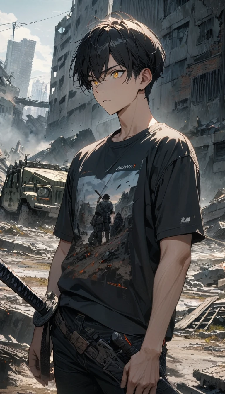 adult guy, short black hair, yellow eyes, black leathee jacket, gray T-shirt, black jeans, short sleeves, modern sword, ruins, male rover, Masterpiece, best quality, Full HD, 8k, ultra details, great graphic