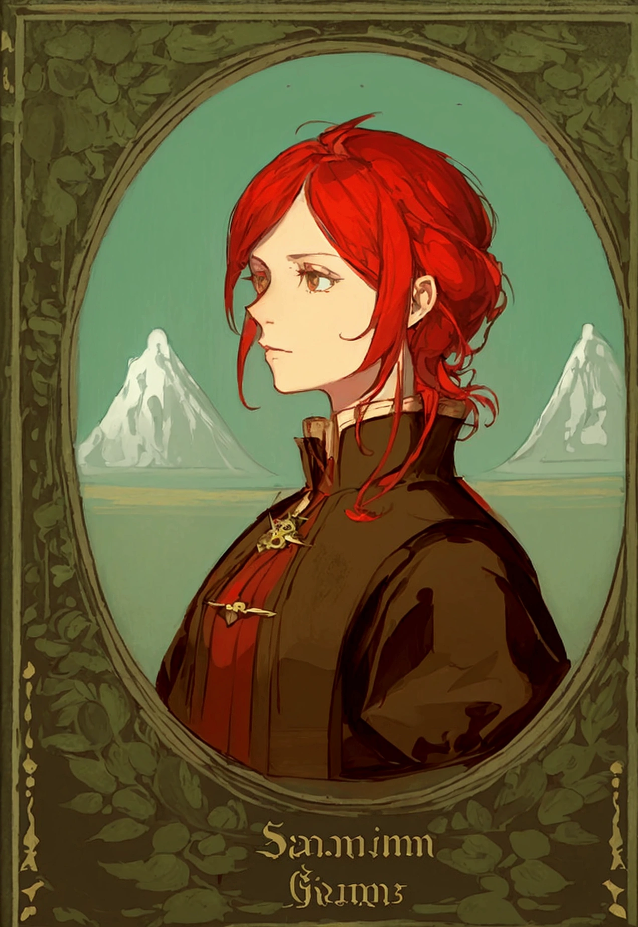 a painting of a woman with red hair, fantasy character portrait, the woman is wearing servant clothes, inspired by Samuel Hieronymus Grimm, fantasy female portrait, fantasy genre portrait, detailed character portrait, inspired by Johann Friedrich Overbeck, a portrait of the character, rpg book portrait, epic portrait illustration