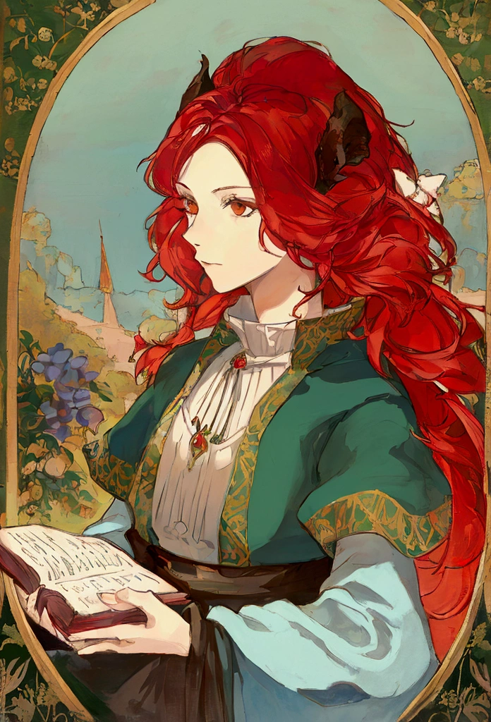 a painting of a woman with red hair, fantasy character portrait, the woman is wearing servant clothes, inspired by Samuel Hieronymus Grimm, fantasy female portrait, fantasy genre portrait, detailed character portrait, inspired by Johann Friedrich Overbeck, a portrait of the character, rpg book portrait, epic portrait illustration