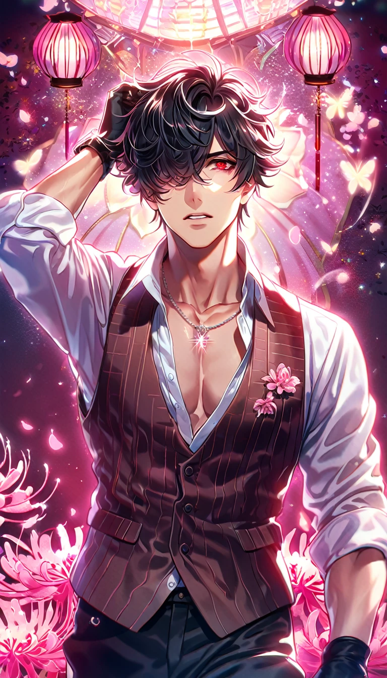 absurd resolution, high resolution, ultra detailed, detailed eyes, delicated features, extremely detailed, HDR, 8K, Louis, black hair, messy hair, hair over the right eye, short hair, expressive red eyes, Code Vein, solo, sexy man, handsome, dark brown vest, white shirt, unbuttoned shirt, black gloves, ring necklace, rolled up sleeves, fantasy, cool, magical, pink glittering butterflies, pink dust flying around, pink spider lilies, pink petals, pink lanterns, Japanese ambiance, pink blossoms