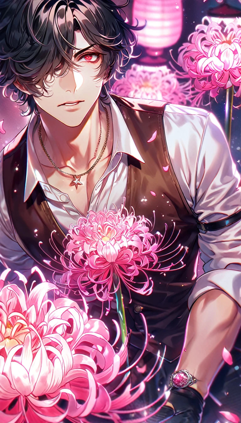 absurd resolution, high resolution, ultra detailed, detailed eyes, delicated features, extremely detailed, HDR, 8K, Louis, black hair, messy hair, hair over the right eye, short hair, expressive red eyes, Code Vein, solo, sexy man, handsome, dark brown vest, white shirt, unbuttoned shirt, black gloves, ring necklace, rolled up sleeves, fantasy, cool, magical, pink glittering butterflies, pink dust flying around, pink spider lilies, pink petals, pink lanterns, Japanese ambiance, pink blossoms