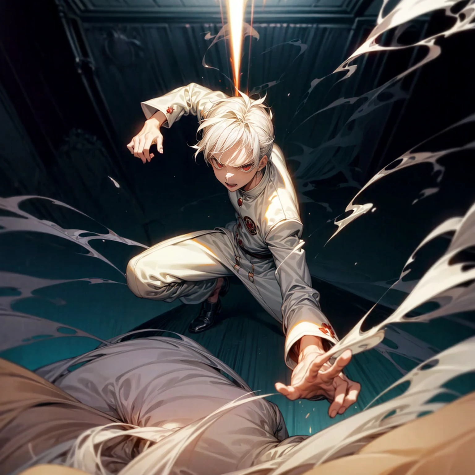 Solo, vampire, boy, Full body version, light red eyes, wavy haircut, white color hair, suit style outfit, Grassroots, full background indoor room Castle, motion blur, lighting, (one piece style art), light fire on hand, light fire in hand, standing gesture, light fire blue, smoke effect, plasma effect, aura effect, evening, ultra detailed, angry