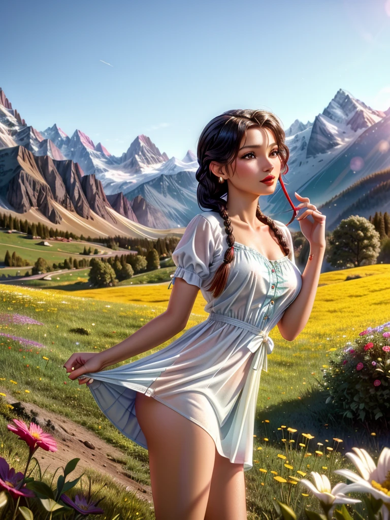 nsfv, Fashion photography of a young woman, in a suit in the style of the Swiss Alps., (wind lift, dress, standing, underwear, panties:1.1), emphasizing her innocence and charm, capture her bright colors (traditional dress:1.1) and braids, decorated with flowers, posing in a meadow with majestic mountains in the background, bathing in soft natural sunlight, The photo was taken from a low angle and with a shallow depth of field, to better focus on the subject, using a high quality DSLR camera, in the style of Annie Leibovitz, detailed skin texture, (blush:0.5), (goosebumps:0.5), subsurface scattering, 