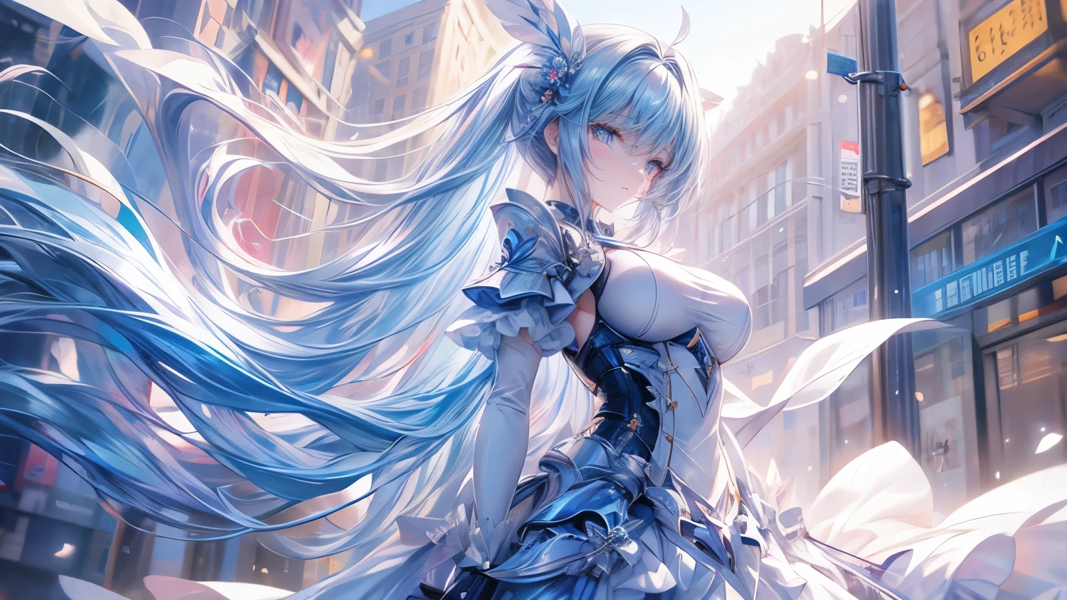 Anime girl with blue hair and white dress posing for the camera., arte de anime digital detallado, guweiz en artstation pixiv, guweiz en pixiv artstation, tendencia en artstation pixiv, estilo anime 4k, arte de anime detallado, Arte detallado de alta calidad 8k, arte de anime detalladowork, clean arte de anime detallado, en vestido