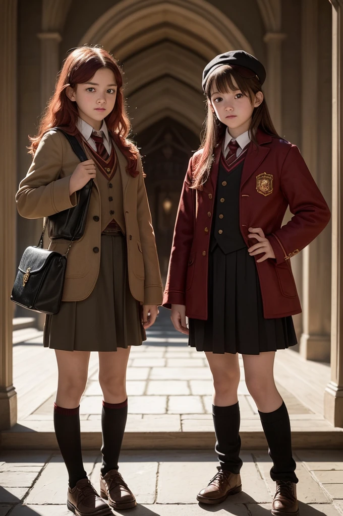 I want images of two friends. They are both  and have just entered Hogwarts in their 1st year, and were assigned to Gryffindor house. One has red hair and dark eyes. The other has brown hair and dark eyes.