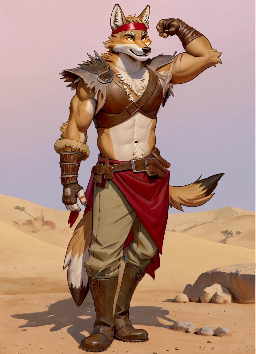 Handsome young anthro furry desert coyote fox male, desert ancient times mercenary solider-assasin murderer, handsome model look gay apperance, handsome muscules, tall, handsome muzzle, handsome shag headband, ruffled old stained tunic with very short sleeves, yawning pants tied with old leather boots on anthro foot, on the tunic old leather harness with scanty rusty breastplate with armlet, old leather bracers, fingerless gloves, old worn out clothing, old worn out armament, sword scars, desert ancient village street, hot climate, ancient desert times, playfull dirty smile, standing on the shadow street, proffesional digital furry drawing art