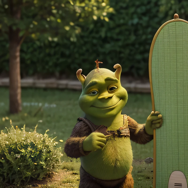 A photo of shrek looking at camera in a swuimsuit holding a swuimmimg board in his right hand 