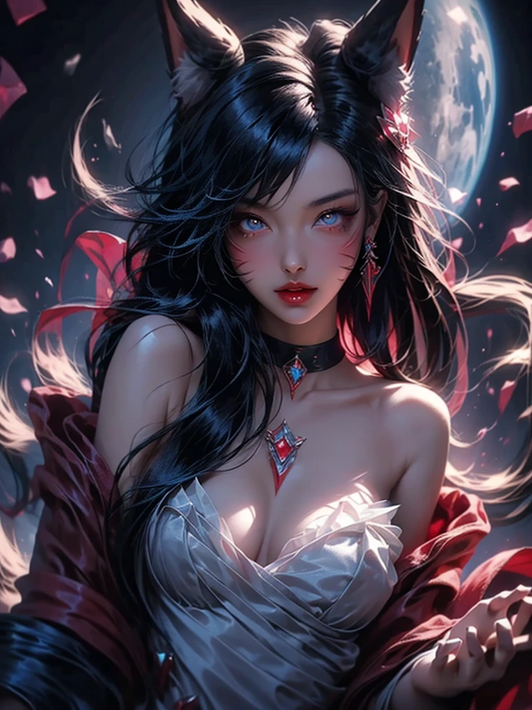 Cute asian woman. with cat ears. vampire's teeth. 3d. 8k. Very clear blue eyes. black hair with red strands. red lips. With princess accessories.