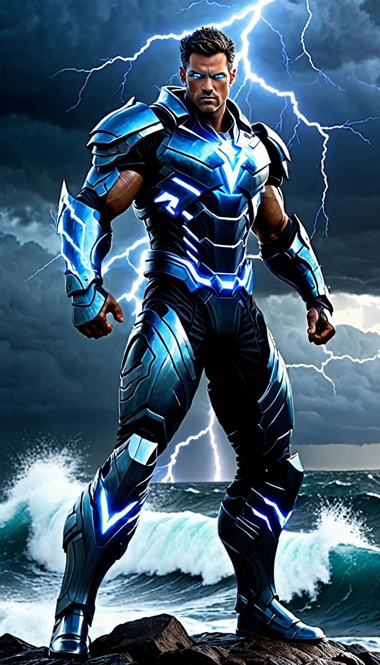 Create a full-body, powerful, futuristic storm sea warrior avatar with advanced technology integrated into the armor. The character should have a strong, heroic physique and confident facial features, with some parts of the face visible. The armor should be a blend of ancient Greek or Atlantean warrior styles, covering essential parts of the body while leaving some muscular areas exposed. Subtle storm themes, such as lightning bolts and storm clouds, should be incorporated into the design, using a color scheme of dark blue, grey, and silver. The character should emanate a sense of strength and dominance, with glowing blue eyes and an electric, stormy aura. Ensure the character is visible from head to toe, standing against a backdrop of a stormy ocean, with crashing waves and lightning strikes visible, to enhance the powerful and dynamic setting.