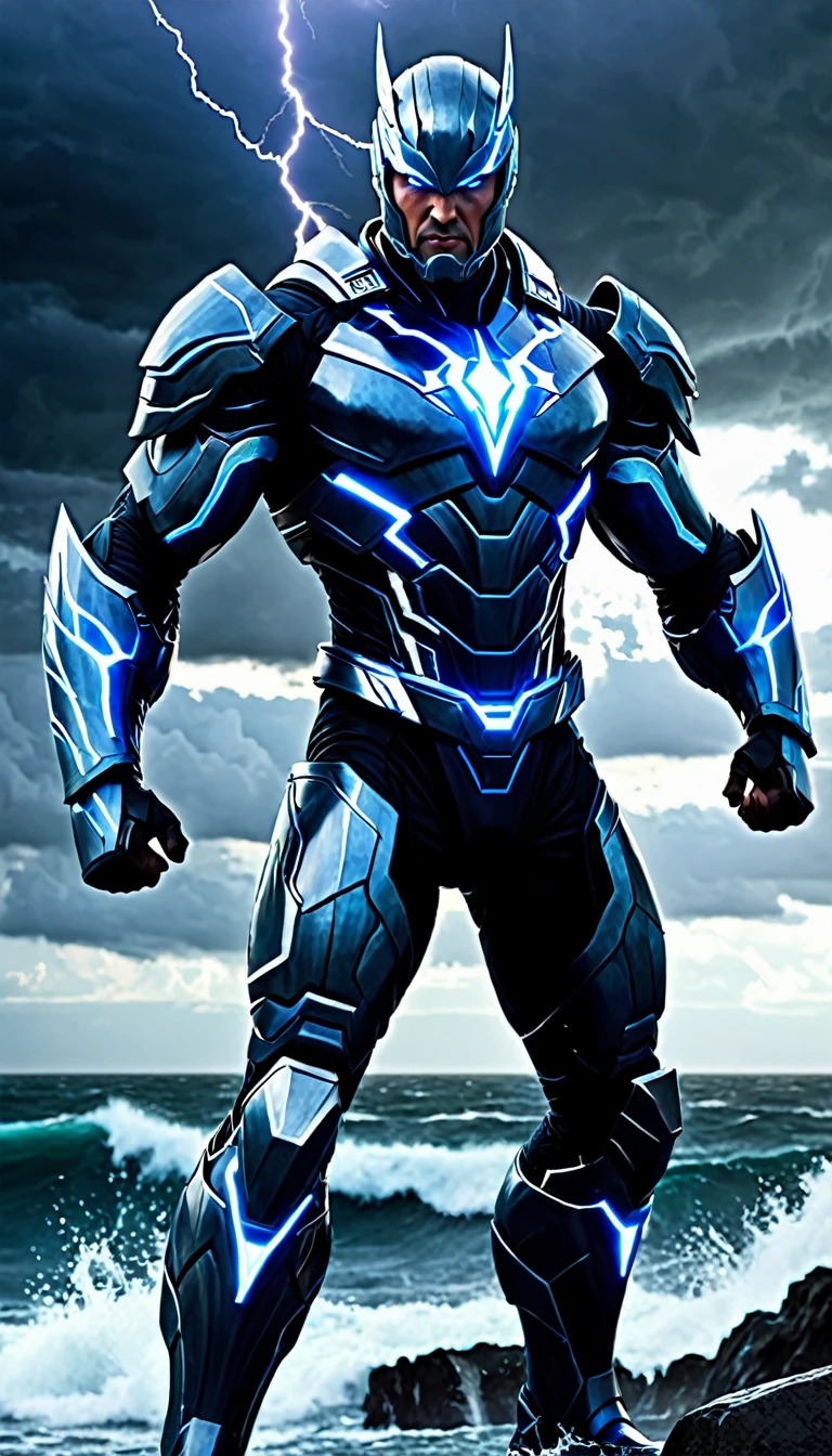 Create a full-body, powerful, futuristic storm sea warrior avatar with advanced technology integrated into the armor. The character should have a strong, heroic physique and confident facial features, with some parts of the face visible. The armor should be a blend of ancient Greek or Atlantean warrior styles, covering essential parts of the body while leaving some muscular areas exposed. Subtle storm themes, such as lightning bolts and storm clouds, should be incorporated into the design, using a color scheme of dark blue, grey, and silver. The character should emanate a sense of strength and dominance, with glowing blue eyes and an electric, stormy aura. Ensure the character is visible from head to toe, standing against a backdrop of a stormy ocean, with crashing waves and lightning strikes visible, to enhance the powerful and dynamic setting.