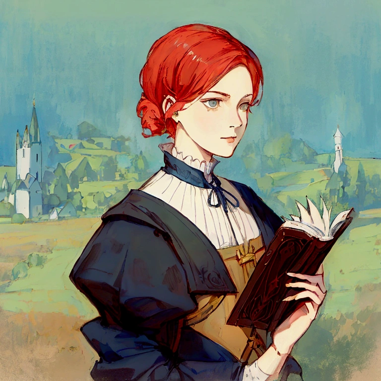 a painting of a woman with red hair, fantasy character portrait, the woman is wearing servant clothes, fantasy female portrait, fantasy genre portrait, detailed character portrait, inspired by Johann Friedrich Overbeck, a portrait of the character, rpg book portrait, epic portrait illustration