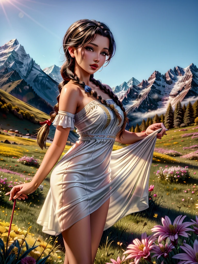 nsfv, Fashion photography of a young woman, in a suit in the style of the Swiss Alps., (wind lift, dress, standing, underwear, panties:1.1), emphasizing her innocence and charm, capture her bright colors (traditional dress:1.1) and braids, decorated with flowers, posing in a meadow with majestic mountains in the background, bathing in soft natural sunlight, The photo was taken from a low angle and with a shallow depth of field, to better focus on the subject, using a high quality DSLR camera, in the style of Annie Leibovitz, detailed skin texture, (blush:0.5), (goosebumps:0.5), subsurface scattering,