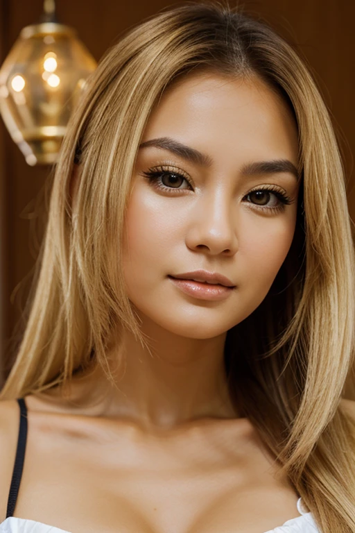 Eurasian woman with golden blond hair and brown eyes