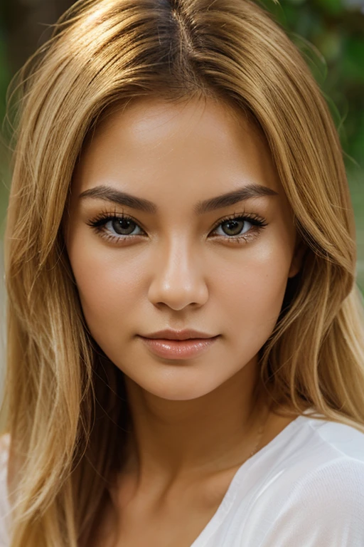 Eurasian woman with golden blond hair and brown eyes