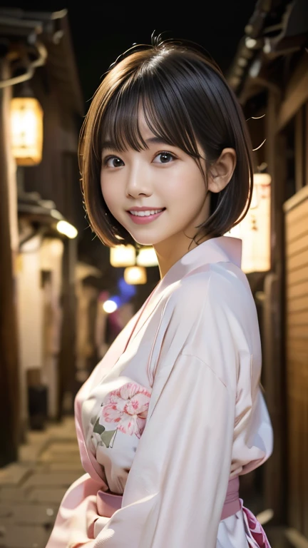 One Girl, Light pink Japanese yukata、geta、Festivals、stall、Old House、light、alley、night、Short Hair、bangs、Large pink single color flower on yukata、Very cute face、Very cute smile、night、depth of field, first-person view, f/1.8, 135mm, Nikon, UHigh resolution, retina, masterpiece, Accurate, Anatomically correct, Attention to detail, Super Detail, high quality, 最high quality, High resolution, 1080P, High resolution, 4K, 8k