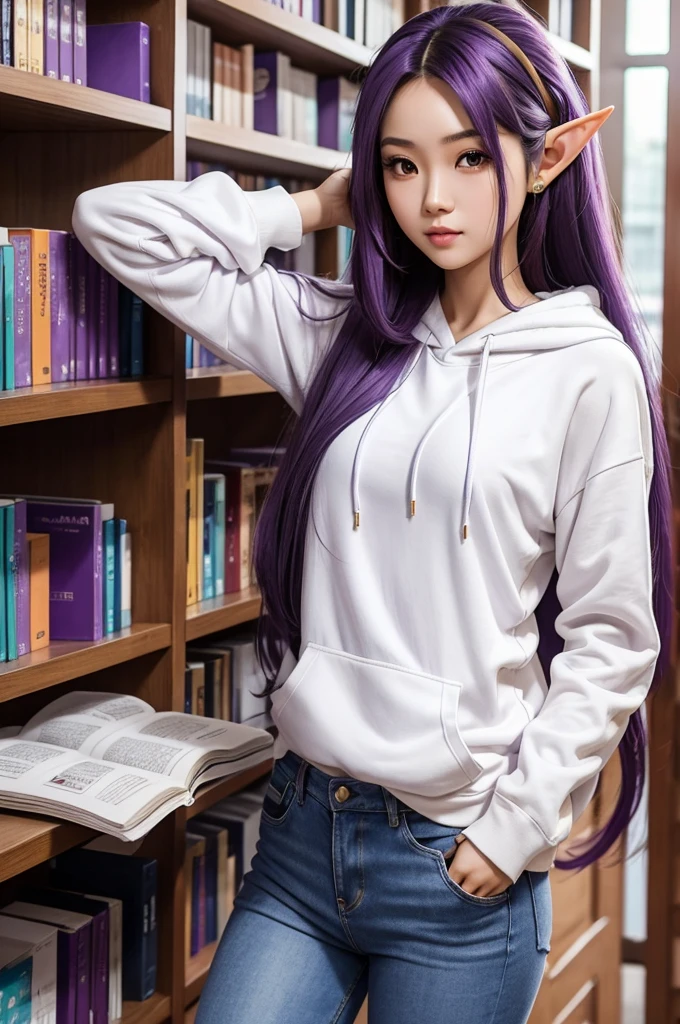 Long Purple hair, Vietnamese, beautiful 23 year old woman, very attractive, brown eyes, elf ears, very cute, thin athletic body, photoshoot, wearing white hoodie and jeans, at library