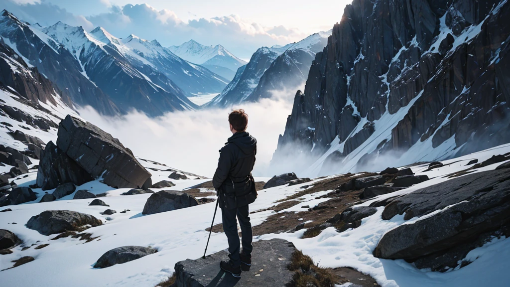 Realistic photography of a person standing at the base of a steep mountain, looking up with a thoughtful expression. The atmosphere is contemplative and introspective, conveying a sense of wonder and questioning. Soft, diffused lighting highlights the rugged terrain and the person's determined face
