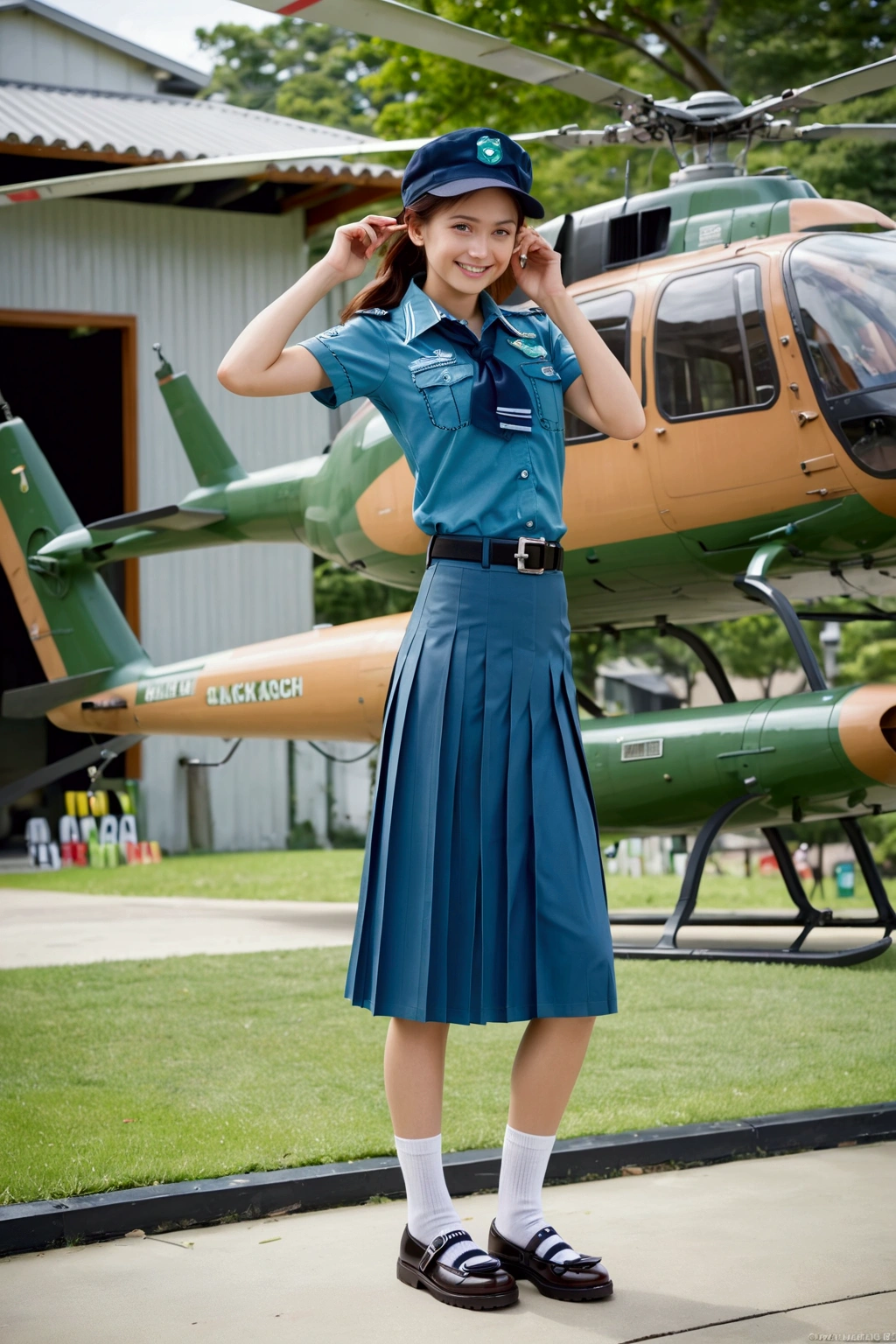 realistic anime illustration of girl scout, smiling and looking at viewer on park, helicopter behind her,  black low ponytail girl,  wearing navy-blue cap, cyan-blue short sleeves collared shirt, navy-blue neckerchief, cyan-blue pleated pencil long skirt, black belt with silver buckle, white socks, and black mary-jane shoes, (1girl, solo,full body), (masterpiece, best quality), BREAK, (navy-blue cap, cyan-blue pleated pencil long skirt, black belt with silver buckle, white socks, and black mary-jane shoes)