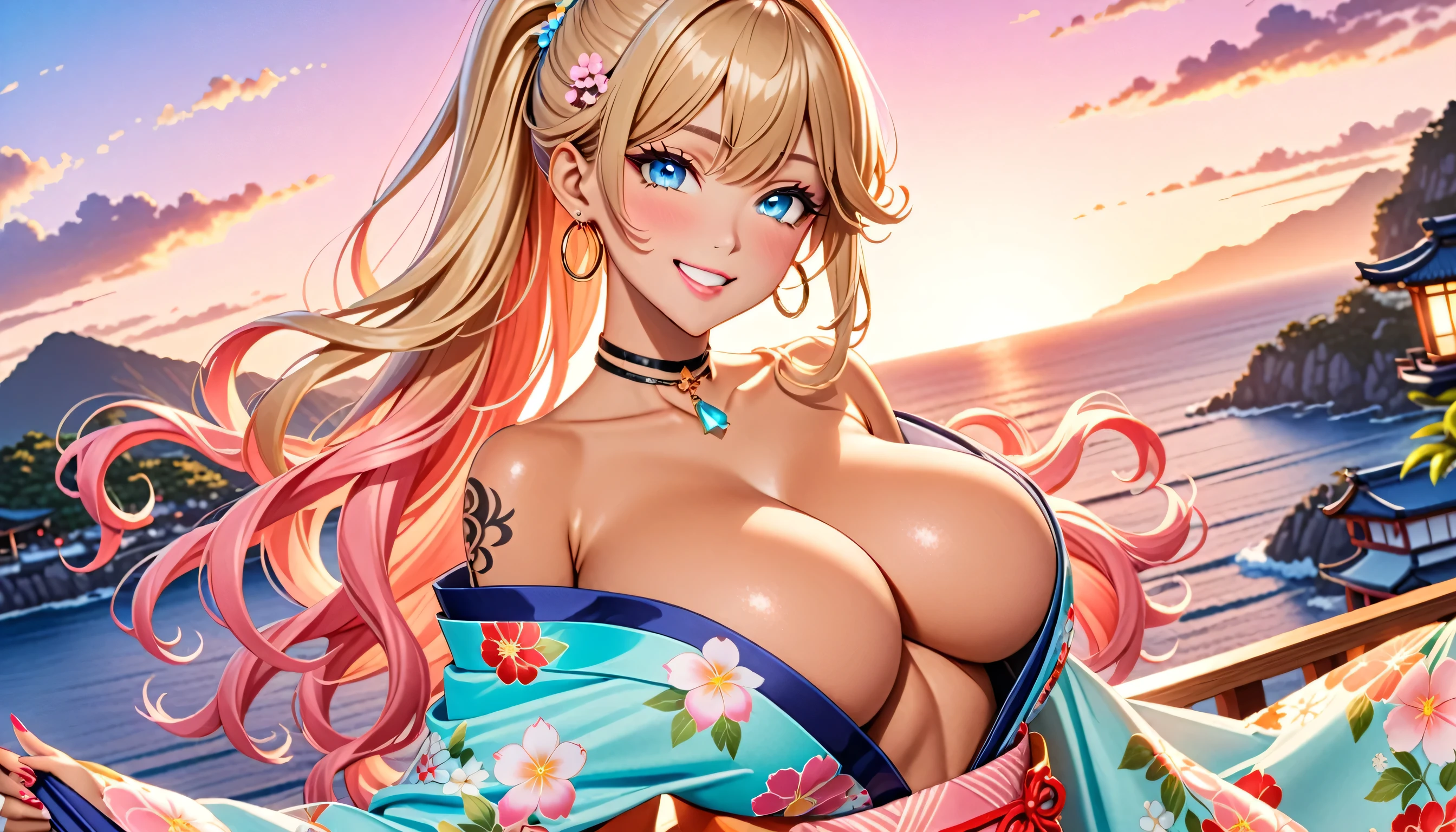 ultra-detailed, ((one girl)), (portrait), (tan skin:1.4), in pastel colors gyaru, (heavy makeup), (professional lighting), hyper detailed, absurdres, 8k, Beautiful Face, (Laugh shyly), ((teasing smile:1.2)), ((happy smile:1.4)),  ((Wink:1.5)), (Laugh with your mouth wide open),((Tilt your face:1.6)), View your viewers, ((Bright red cheeks:1.4)),Glossy shocking pink lips, ((huge breasts:1.6)), undressing, ((She is naked up to her shoulders, highlighting her cleavage.)), ((Her tattoo peeked through her kimono:1.2)), noon, summer, Luxury resort with ocean view, ((Anime style background)),masterpiece, Highest quality, (Brighten your face), so beautiful,Latest, Complex details, ((fluorescent pink long nail:1.2)), (ring),(bracelet), (Floral Choker),AI-generated, Complex,High resolution, Highest quality, super high quality,3D Images、3D Images,One person, (blond long hair), (High Ponytail), (wavy hair:1.4), Anime woman posing for a photo, ((Eyes with detailed pupils、blue eyes、glowing eyes:1.3)), BREAK, (Squint your eyes:1.1),a hyperRealistic , hyperRealistic , Realistic,Anime woman with long honey blonde hair, Smooth anime CG art, A girl in a gorgeous pastel-colored kimono, ((Pastel-colored furisode)),(Pink large floral pattern),  (sideboob), Long flower hair ornament,large gold hoop earrings, Mature Body, tall,Narrow waist,((dutch angle)), ((model posing:1.3)), extreme close-up shot,