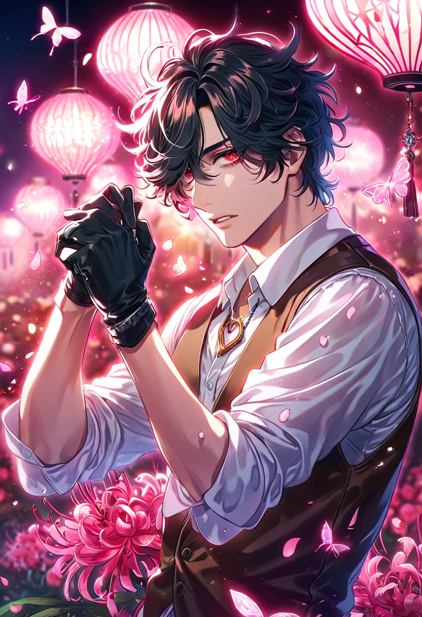 absurd resolution, high resolution, ultra detailed, detailed eyes, delicated features, extremely detailed, HDR, 8K, Louis, black hair, messy hair, hair over the right eye, short hair, expressive red eyes, Code Vein, solo, male, handsome, dark brown vest, white shirt, unbuttoned shirt, black gloves, ring necklace, rolled up sleeves, fantasy, cool, magical, pink glittering butterflies, pink dust flying around, pink spider lilies, pink petals, pink lanterns, Japanese ambiance, pink blossoms