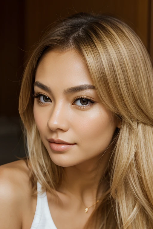 Eurasian woman with golden blond hair and brown eyes