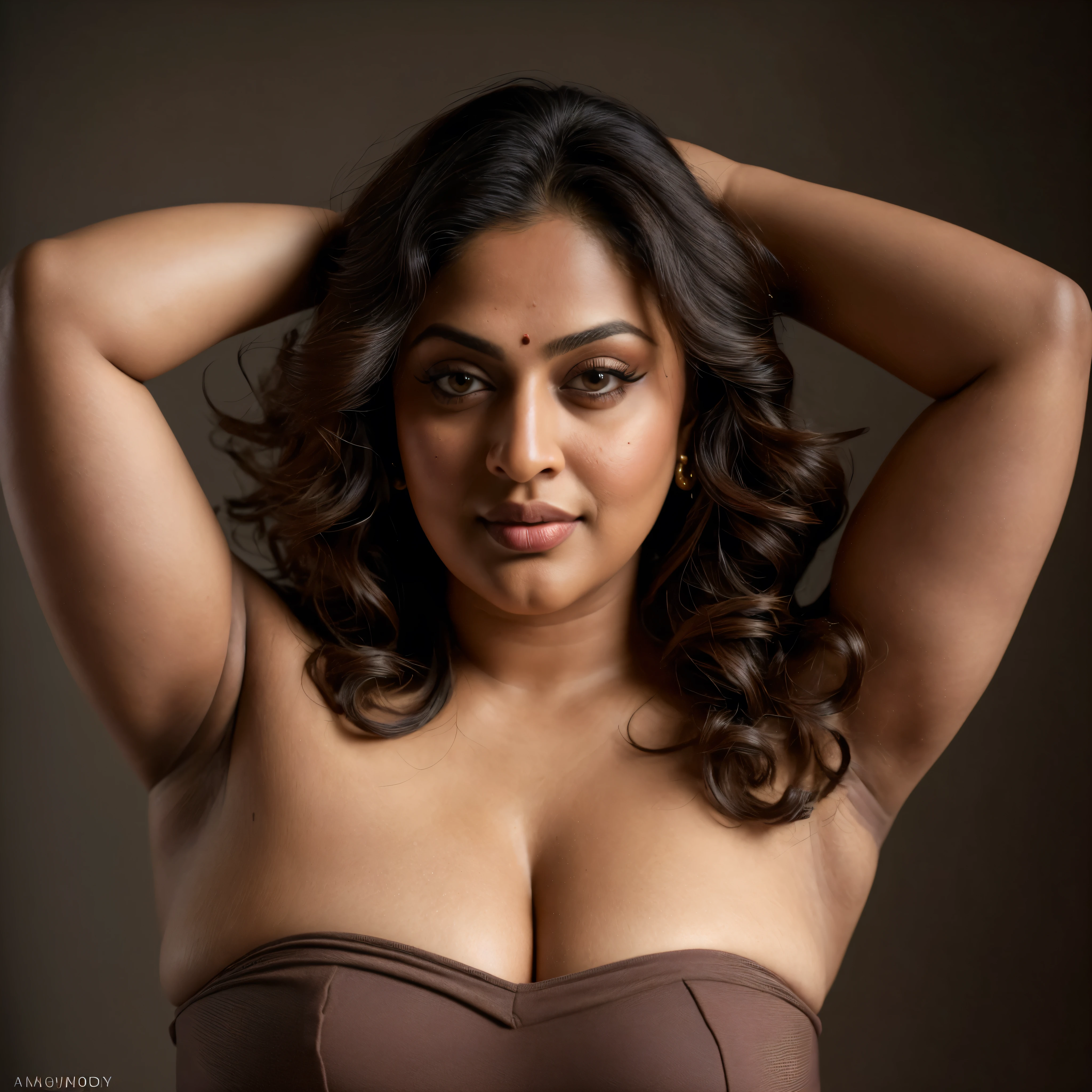 Looks like Sandeepa Dhar, a photo portrait of a beautiful girl 45 years old Woman, curvy hot mommy figure, fleshy figure, with curls, styled black hair, (face portrait:1.5), dramatic light, Rembrandt lighting scheme, bust shot, top quality editorial photograph, skin texture, skin pores, chocolate skin, high quality skin, top quality photography, professional photography, professional retouching, insane detailing, warm moody tones, modern clothes, highly detailed armpits, thick chubby mallu Desi aunty bhabhi, Full figured woman, juicy thick figure, bulky figure, curvy, fleshy curvy figure, voluptuous body, wide body, full figured aunty, Sexy navel folds, fleshy figure, heavy figure, Wearing a Stanapatta, highly detailed hairy stubble armpits, hyper realistic skin, skin pores, sweat, veins,warm Moody tones, Rembrandt lighting