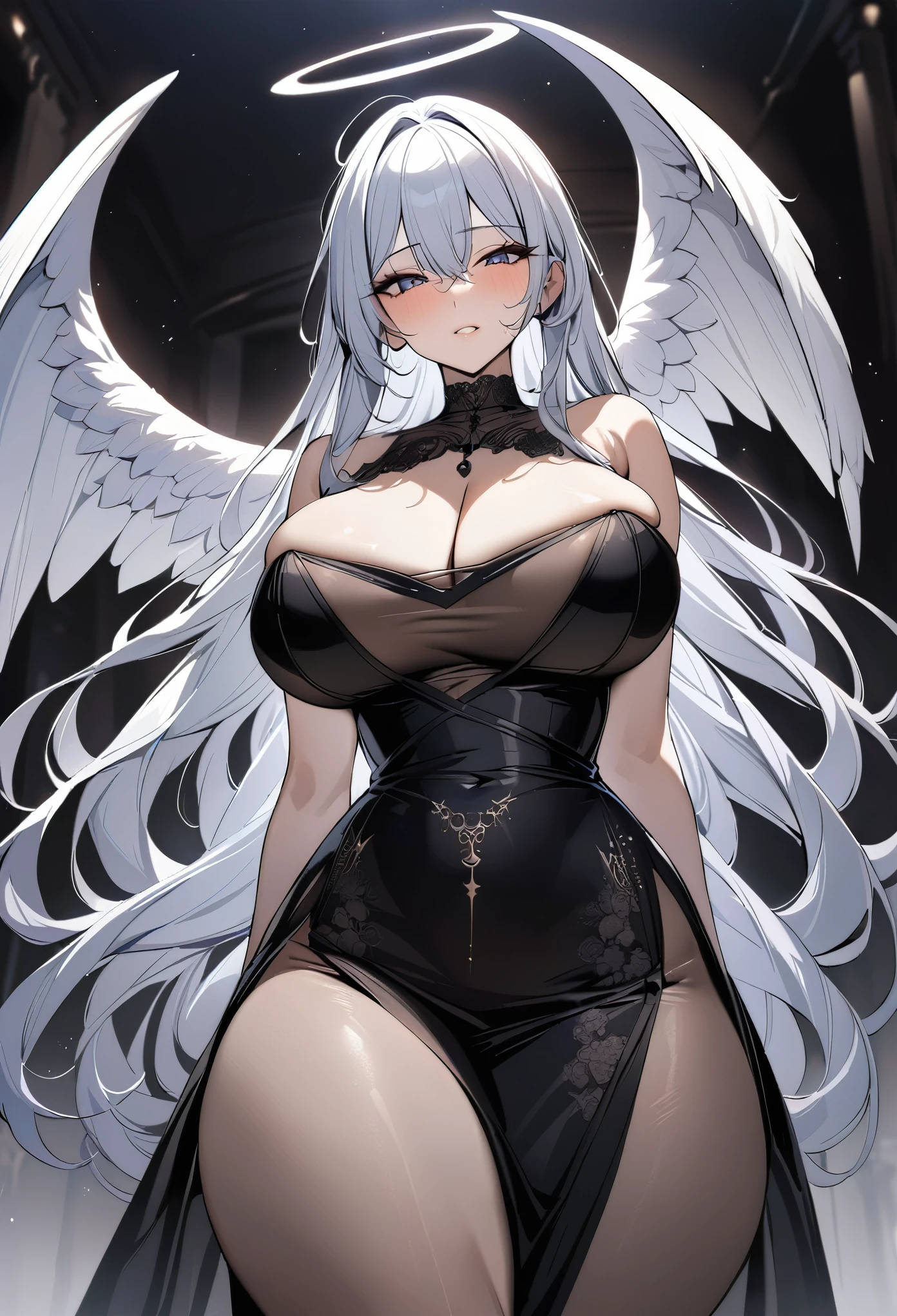 (masterpiece, best quality, very aesthetic, ultra detailed), intricate details, 2 girls, 1 angel and 1 succubus, angel wings and halo, demon wings and tail, scantly clothed, lustful look on face, beautiful, curvaceous, voluptuous, elegant silk dress