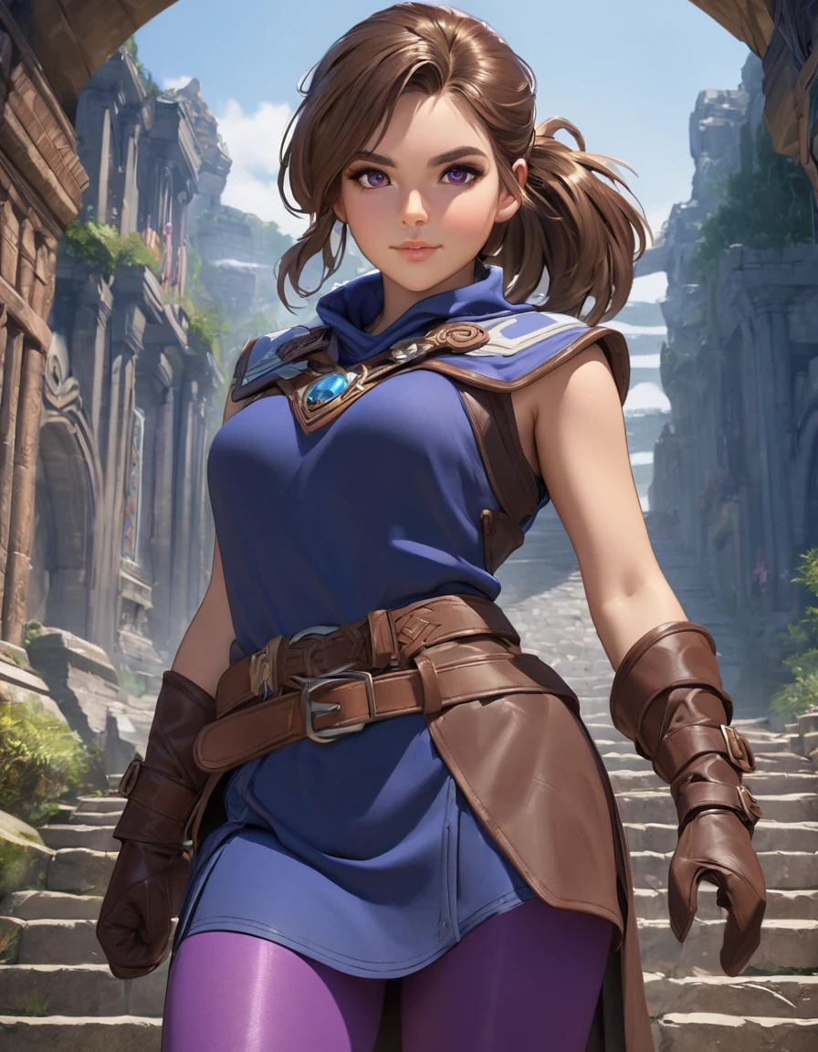 close up, super high quality, super high detail, masterpiece, 4k, 8k, HDR, masters of the universe, (((masterpiece))), high quality, 8k. a girl adventurer, pretty face, brown hair, brown eyes, dark (blue tabard), (purple tights), big boots, leather boots, big gloves, ponytails, (((young girl))), pretty eyes, (detailed face). Show her climbing some stone stairs in a magical ancient city, ruins, magic runes.