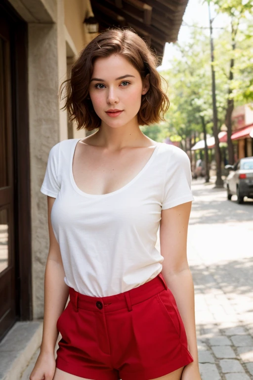 A young woman poses on a quiet street in a resort town. The girl has extremely detailed eyes, beautiful lips, long eyelashes and perfect anatomy. Her fragile body and hands are worked out to the smallest detail, with realistic, photorealistic and the highest quality rendering. The lighting is Rembrandt-esque, creating a dramatic, masterpiece scene. She has a European appearance, with a cute oval face, short red hair and huge breasts. The woman poses in a retro style, looking like a high quality work of photographer David Dubnitsky. Her pale skin shows pores and moles, and she is wearing a tight T-shirt and short shorts. She removes the short shorts and exposes her bare pussy. The scene was shot on a DSLR camera in 8K UHD resolution, with soft lighting and film grain.long hair chubby body,