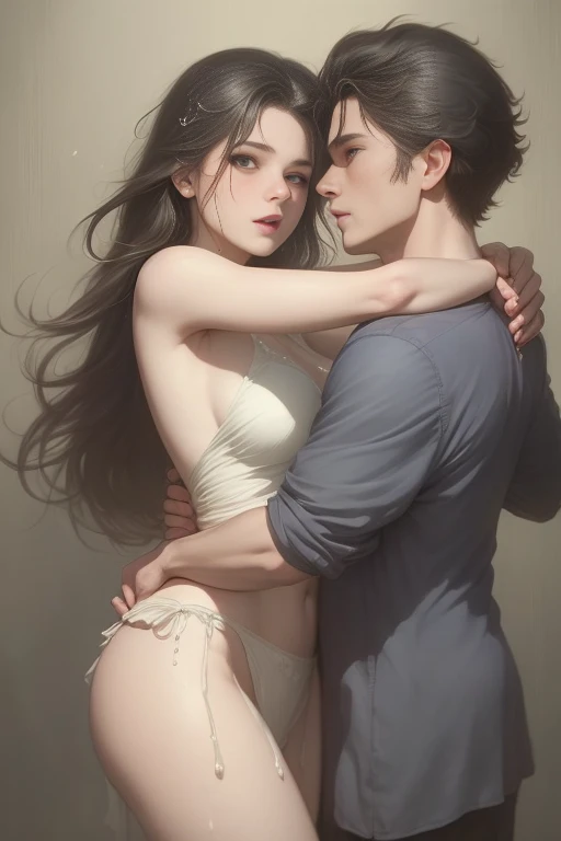 High-quality images of couples: blond man (Tall、Statue-like、Handsome and、Brave young man、Blue eyes、Curly golden hair、Wearing a grey antique military uniform) A woman with black hair (long straight black hair、Long Bangs、Blackberry eyes、A beautiful young femme fatale、naked、PRİNCESS、Hugging。They are in love with each other。Created by Boris Vallejo「Ideal Anatomy」The sketch of、It is characterized by being very detailed.。masterpiece、Detailed study of the face、Beautiful Face、Features of Beautiful Face、Perfect Image、Realistic shots、Detailed study of the face、Full body image、8k、Detailed Images、Highly detailed illustration、A true masterpiece of the highest quality、Careful drawing。Bare Skin、Gown and naked watercolor、

Gothic、Romance Black Panties、

Large drops of sweat、Dripping Sweat、A look of ecstasy as she spreads her legs wide、Fierce love