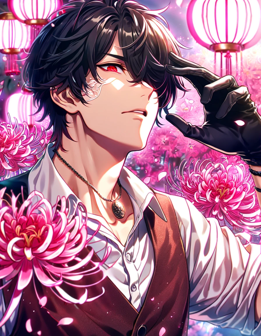 absurd resolution, high resolution, ultra detailed, detailed eyes, delicated features, extremely detailed, HDR, 8K, Louis Amamiya, black hair, messy hair, hair over the right eye, short hair, expressive red eyes, Code Vein, solo, male, handsome, dark brown vest, white shirt, unbuttoned shirt, black gloves, ring necklace, rolled up sleeves, fantasy, cool, magical, pink glittering butterflies, pink dust flying around, pink spider lilies, pink petals, pink lanterns, Japanese ambiance, pink blossoms