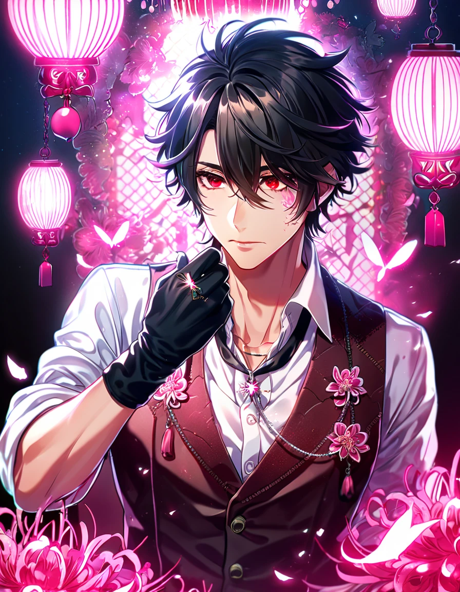 absurd resolution, high resolution, ultra detailed, detailed eyes, delicated features, extremely detailed, HDR, 8K, Louis Amamiya, black hair, messy hair, hair over the right eye, short hair, expressive red eyes, Code Vein, solo, male, handsome, dark brown vest, white shirt, unbuttoned shirt, black gloves, ring necklace, rolled up sleeves, fantasy, cool, magical, pink glittering butterflies, pink dust flying around, pink spider lilies, pink petals, pink lanterns, Japanese ambiance, pink blossoms