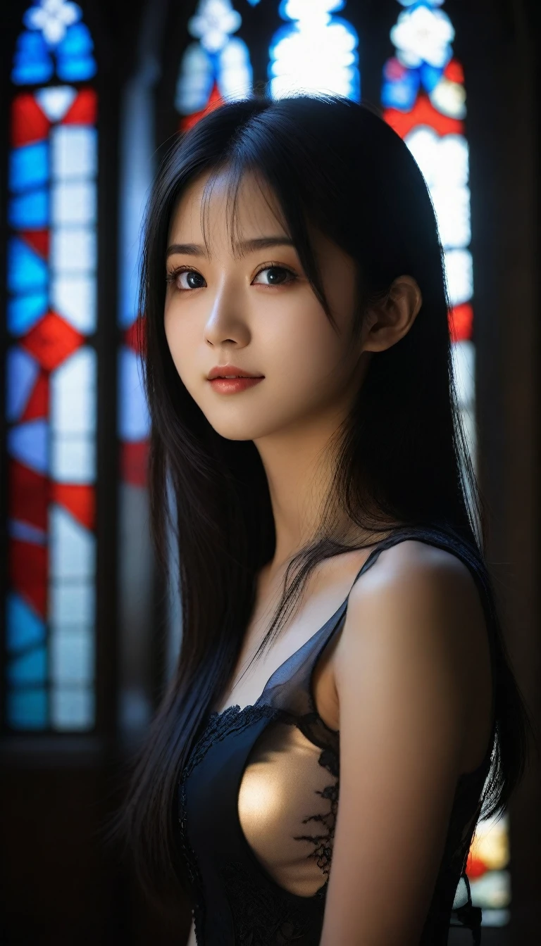 8k, Ultra-high resolution, Highest quality, masterpiece, 三分割法によるphotograph,Surreal, photograph, 1 Girl, (16 years old:1.3), pretty girl, Cute Face, Beautiful eyes in every detail, 細かくdetailedに,masterpiece,One Girl:1.2,Japan Female Teachers,full body,light smile,Long black hair,Straight long hair,(印象派の美しい少女のPortraiture),(Impressionist light and colour), (Avant-garde attire:1.3),(Fairy,Shiny Hair, Beautiful dark eyes, So cute and beautiful,16 years old, ), (smile:0.8),Sharp contours,Looking down, (A future never imagined), ((Gothic cathedral)), (Stained Glass Windows:1), indoor, Light from above, Low contrast, (Side view),, Perfect and beautiful face ,完璧でCute Face, Skin with attention to detail, Perfect limbs、Narrow waist,Looking at the audience,(((Ideal body type))),A cup small breasts :2,Portraiture:2,Perfect Anatomy,鮮明なdetailed,detailed,Surreal,Light and shadow,glowing