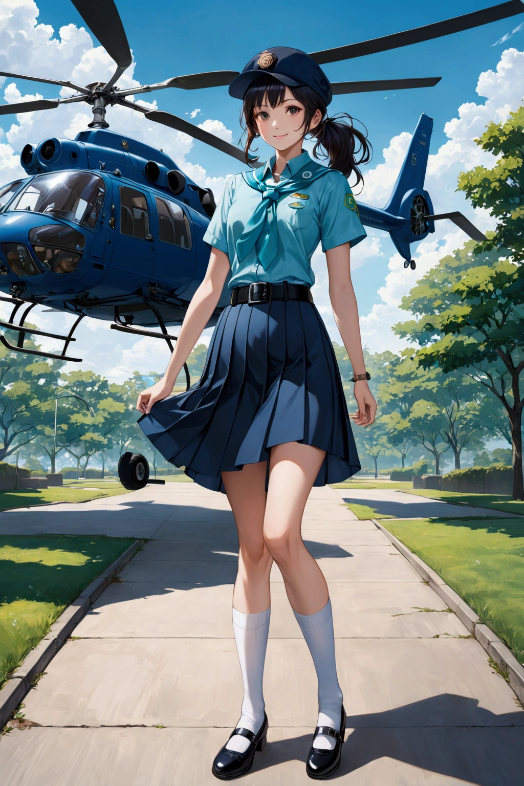 realistic anime illustration of girl scout, smiling and looking at viewer on park, helicopter behind her,  black low ponytail girl,  wearing navy-blue cap, cyan-blue short sleeves collared shirt, navy-blue neckerchief, cyan-blue pleated pencil long skirt, black belt with silver buckle, white socks, and black mary-jane shoes, (1girl, solo,full body), (masterpiece, best quality), BREAK, (navy-blue cap, cyan-blue pleated pencil long skirt, black belt with silver buckle, white socks, and black mary-jane shoes)