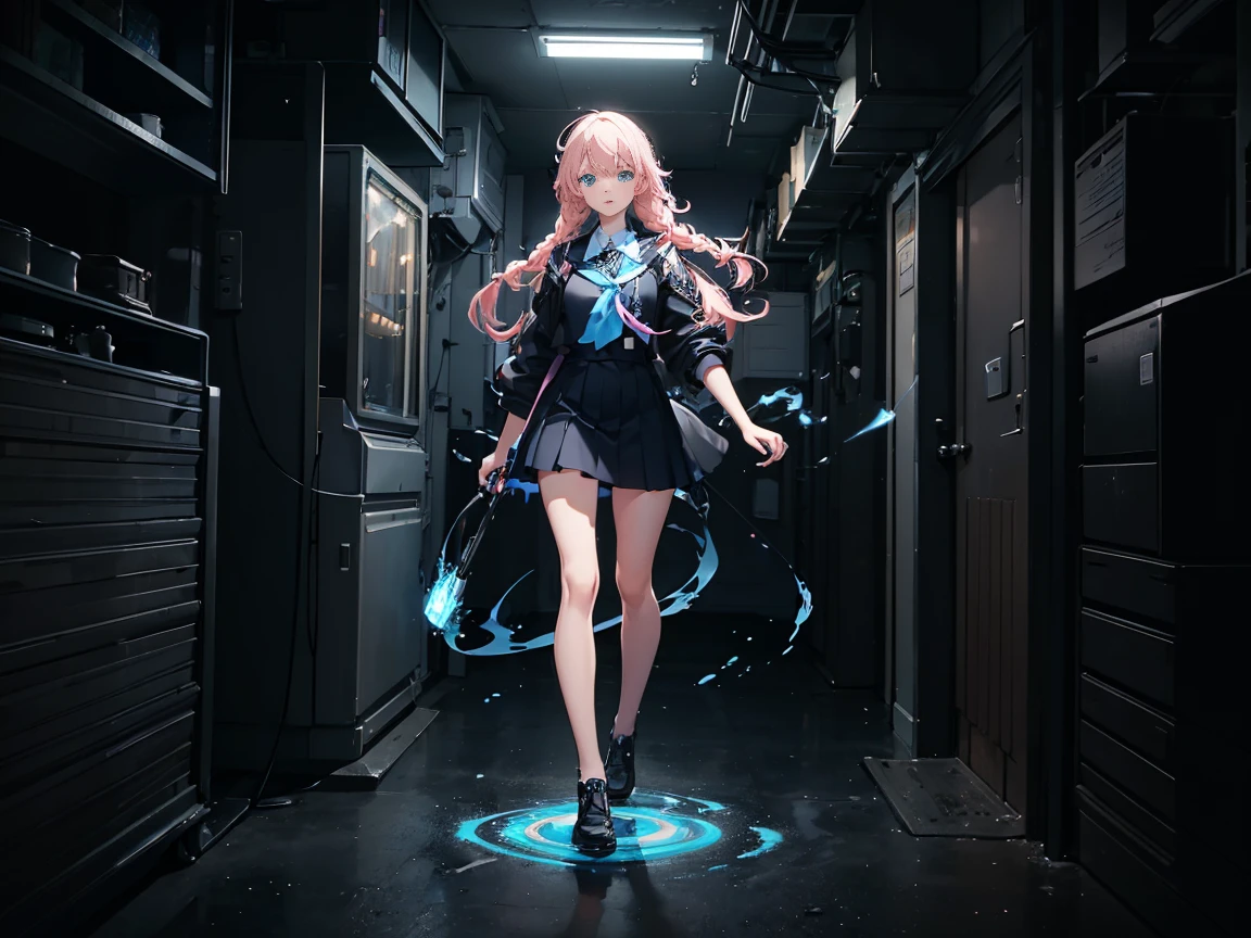 (Digital artwork:1.3),(a sketch:1.1)((Octane rendering)),City Street,High-rise tail alley,(Girl magician,JK school uniform),((Blue braids)),((A huge glowing magic array under your feet)),((Complex luminous runes)),Realistic digital painting portrait,shot at 8k resolution,Gasoline liquid,color pastel,splashart,Magical universe of pink and blue and purple,Lithography in intricate details,(lightning particules:1.2),(game concept:1.3),(deep of field:1.3),Global illumination,with rich details,Trends on ArtStation,((illustrious)),ultra fine,16K resolution, blonde, light blue eyes, tight black outfit, black jacket.