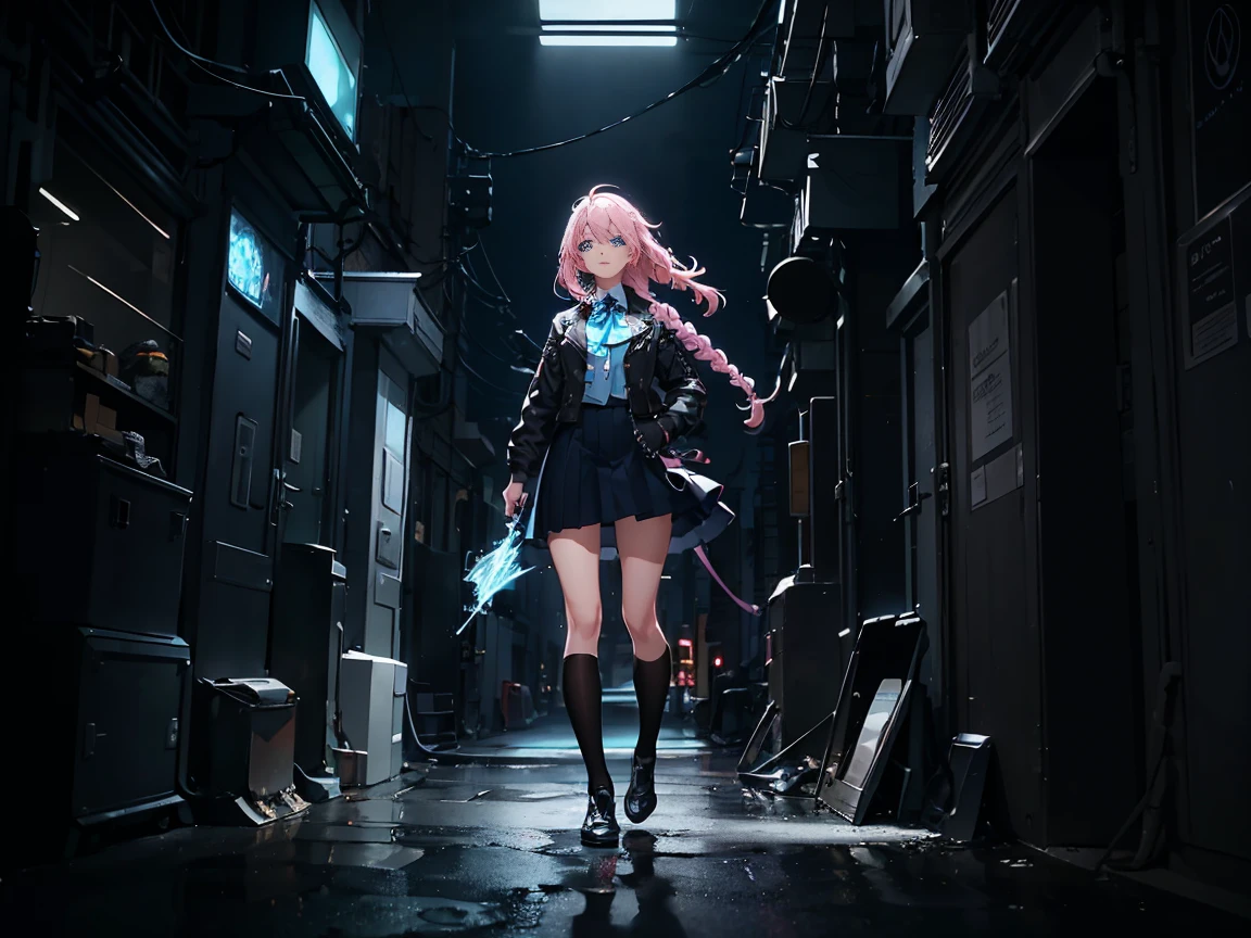 (Digital artwork:1.3),(a sketch:1.1)((Octane rendering)),City Street,High-rise tail alley,(Girl magician,JK school uniform),((Blue braids)),((A huge glowing magic array under your feet)),((Complex luminous runes)),Realistic digital painting portrait,shot at 8k resolution,Gasoline liquid,color pastel,splashart,Magical universe of pink and blue and purple,Lithography in intricate details,(lightning particules:1.2),(game concept:1.3),(deep of field:1.3),Global illumination,with rich details,Trends on ArtStation,((illustrious)),ultra fine,16K resolution, blonde, light blue eyes, tight black outfit, black jacket.