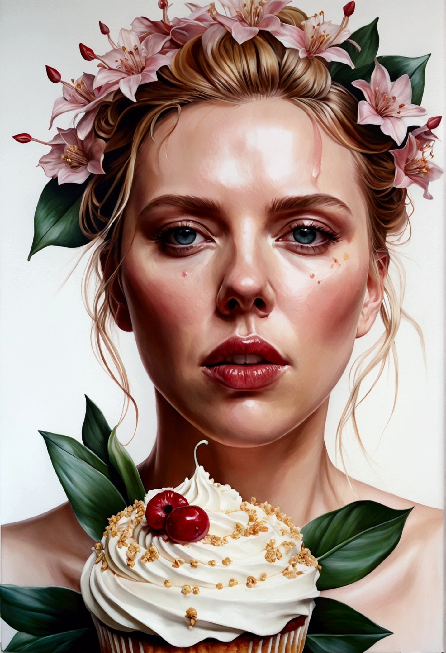 Scarlett Johansson in A Botanical Masterpiece in the Style of Marco Mazzoni, detailded, hyperrealisti, from front view, elements of symbolism and surrealism, a painting of mother and an attractive and seductive Scarlett Johansson by agnes cecile, luminous design, cores cake, ink drops, spring lights, intricate design, gazing at viewer intertwined, beautiful attractive seductress Scarlett Johansson, flowers, cake, gazing at viewer, from front view