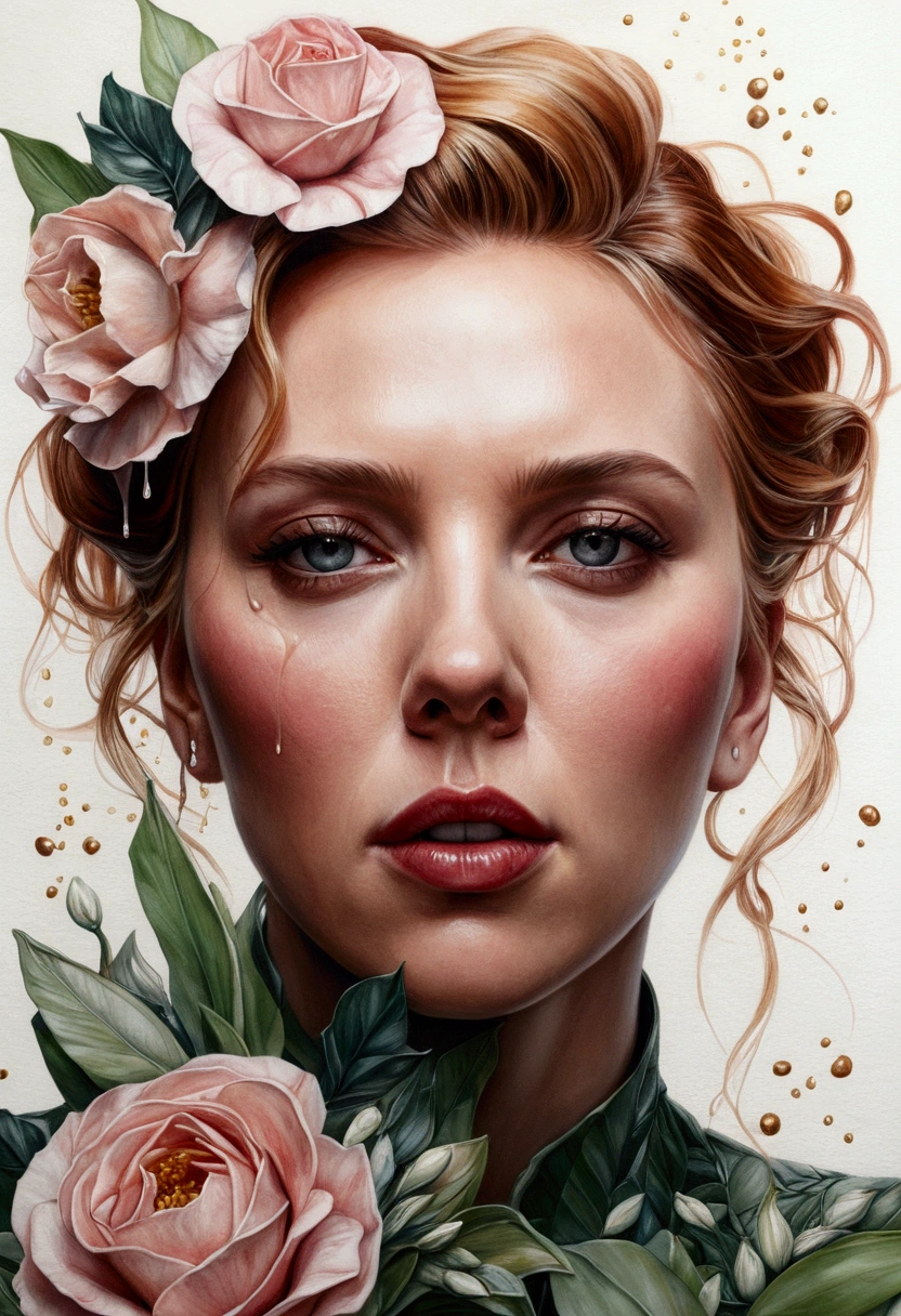 Scarlett Johansson in A Botanical Masterpiece in the Style of Marco Mazzoni, detailded, hyperrealisti, from front view, elements of symbolism and surrealism, a painting of mother and an attractive and seductive Scarlett Johansson by agnes cecile, luminous design, cores cake, ink drops, spring lights, intricate design, gazing at viewer intertwined, beautiful attractive seductress Scarlett Johansson, flowers, cake, gazing at viewer, from front view